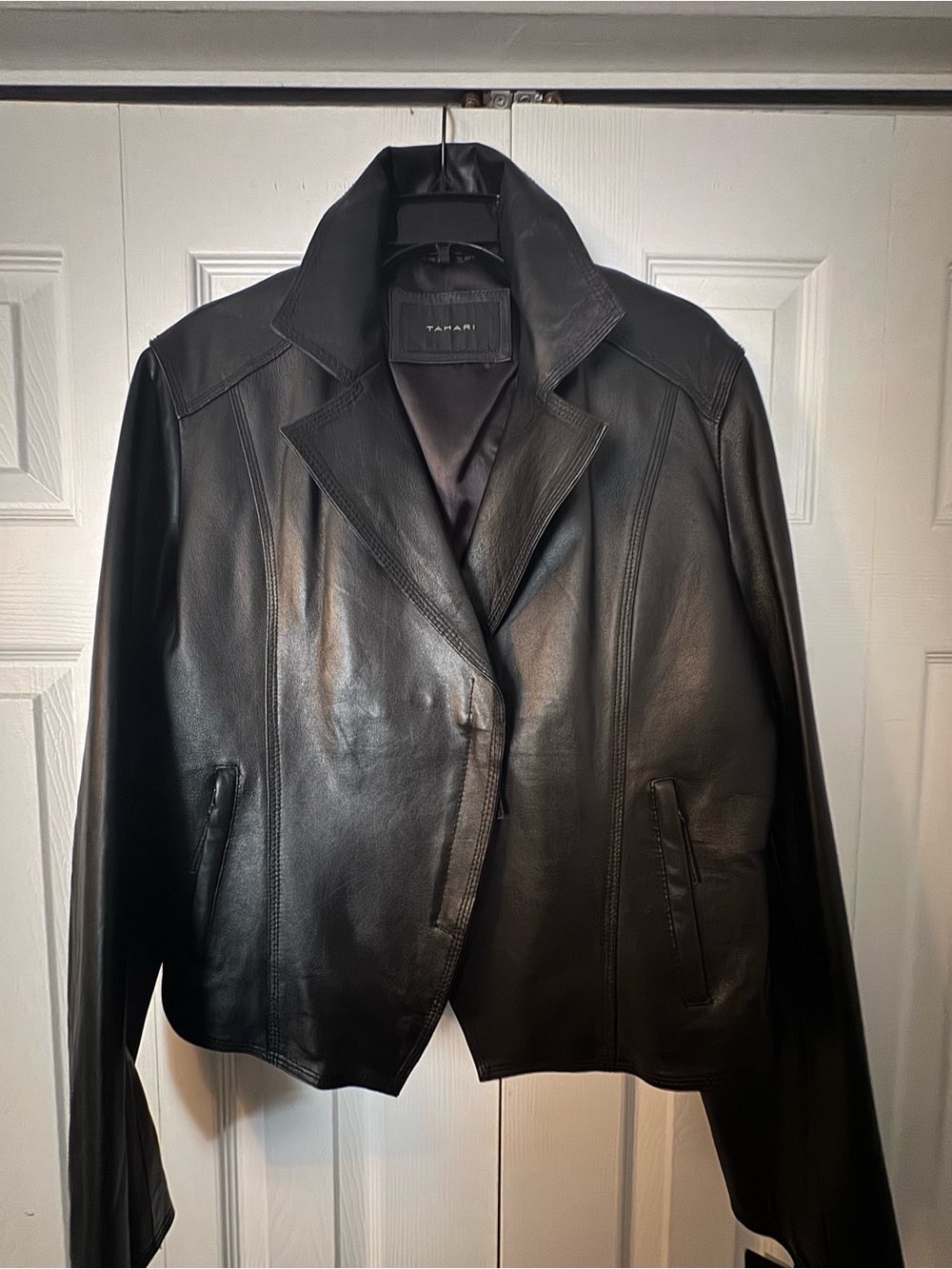 Tahari Black Leather Women's Jacket with Notch Collar